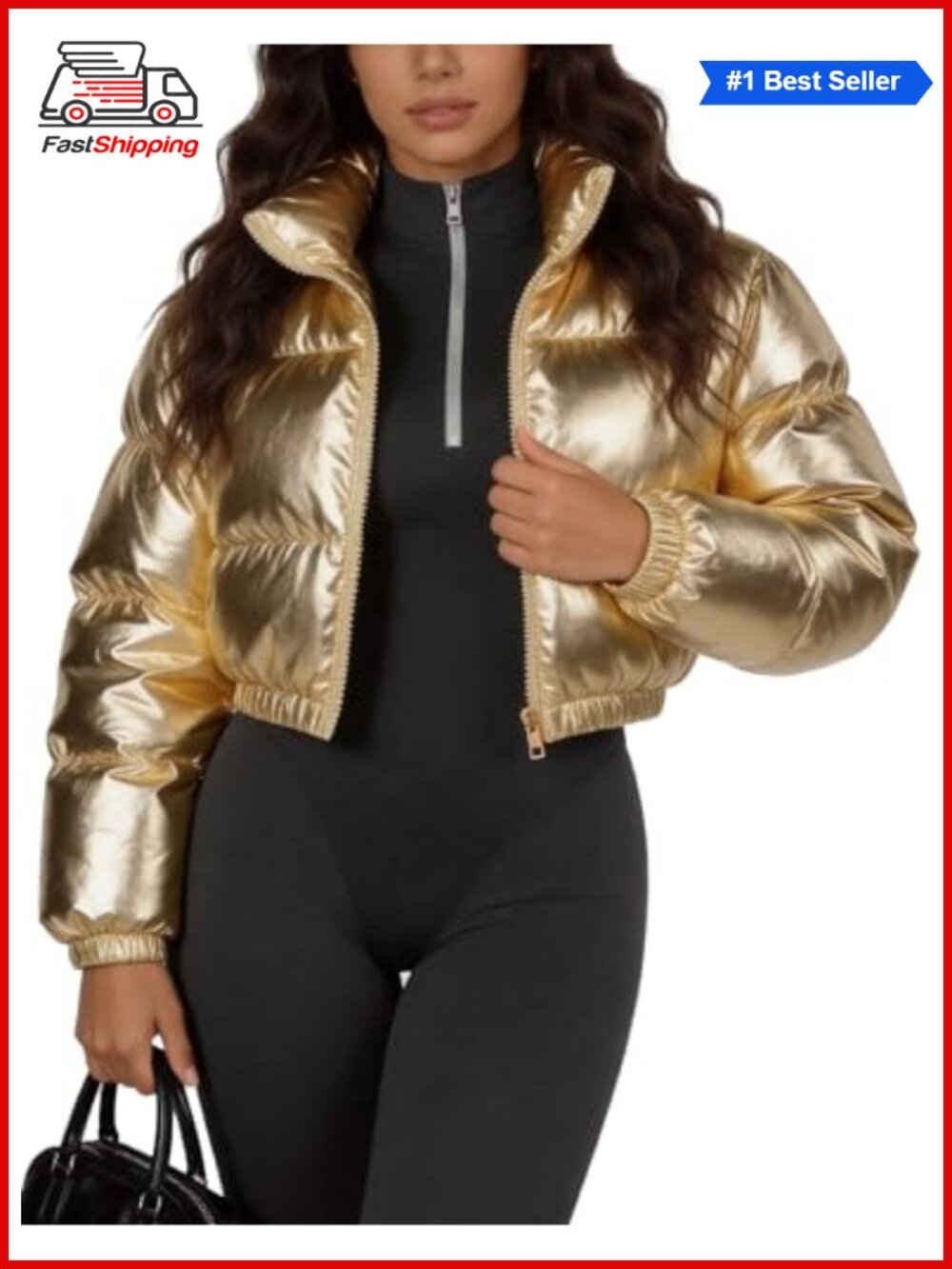 ✨ Cropped Metallic Shiny Puffer Jacket Zip Up Collar Women's Winter Coat